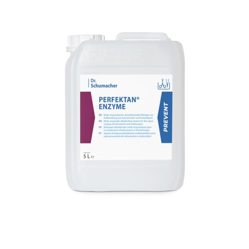 Ein 5-Liter-Behälter aus weißem Kunststoff mit einem Henkel und der Aufschrift "Dr. Schumacher PERFEKTAN® ENZYME" in blauer und violetter Schrift der Dr. Schumacher GmbH. Das Etikett beschreibt es als Desinfektionsmittel für die enzymatische Reinigung von medizinischen Instrumenten.
