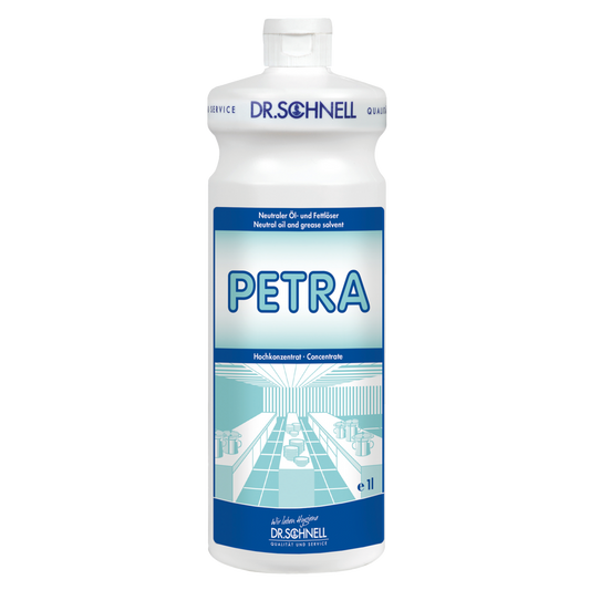 Eine weiße 1-Liter-Kunststoffflasche mit der Aufschrift "Dr. Schnell PETRA Öl- und Fettlöser für Oberflächen" der DR.SCHNELL GmbH & Co. KGaA, mit blauer Schrift und Grafik, enthält einen hochkonzentrierten Oberflächenreiniger und Öl-/Fettlöser für die kraftvolle Reinigung.