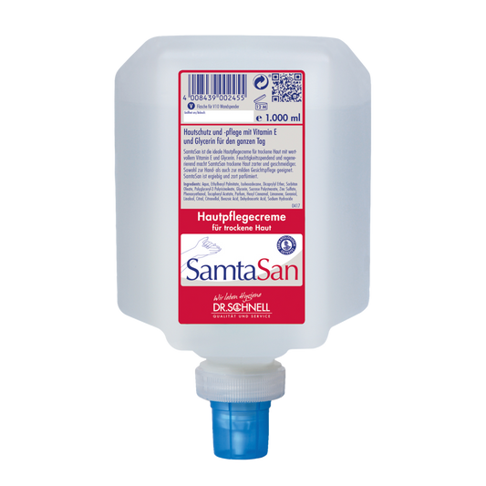 Die 1.000 ml Dr. Schnell SAMTASAN Spenderflaschen von DR.SCHNELL GmbH & Co. KGaA verfügt über ein rot-weißes deutsches Etikett, eine blaue Düse und ist ideal für die professionelle Reinigung und den Einsatz mit Reinigungswerkzeugen.