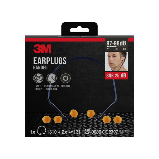 Die Abbildung zeigt eine Schachtel 3M™ Bügelgehörschutz 1310 mit 2 Paar Ersatzstöpseln, SNR 24-25 dB, einfach hinter dem Nacken oder unter dem Kinn zu verwenden, wiederverwendbar; von 3M Deutschland GmbH. Die Verpackung zeigt das Produkt und die wichtigsten Eigenschaften.
