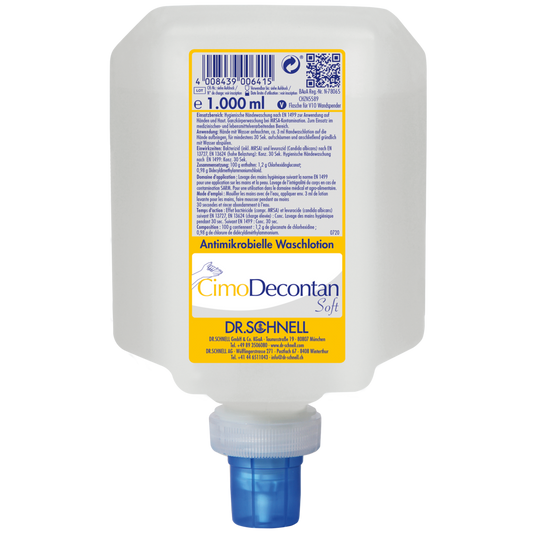 Ein 1000 ml Kunststoffspender der Dr. Schnell CIMODECONTAN SOFT Antimikrobielle Waschlotion der DR.SCHNELL GmbH & Co. KGaA, mit gelb-weißem Etikett und blauer Kappe, zur hygienischen Haut- und Handreinigung.