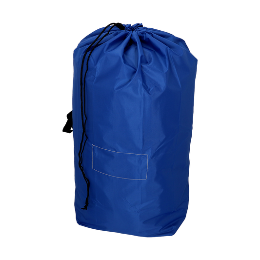 Der DEISS 6505 wiederverwendbarer Abfallsack (700x1100 mm, blau) von EMIL DEISS KG besitzt eine schwarze Kordel und eine rechteckige Fronttasche, fotografiert vor weißem Hintergrund.