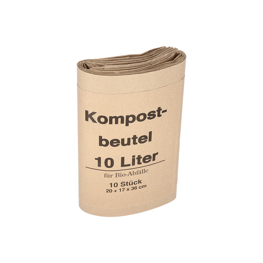 Ein Stapel DEISS 7152 Kompostsäcke (20+16x36 cm, 70 g/m²), EMIL DEISS KG (GmbH + Co.), Karton mit 300 Säcken, ist aufrecht in einer praktischen Verpackung vor einem schlichten weißen Hintergrund abgebildet.