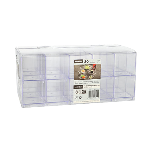Die Starpak 30 Fingerfood-Schalen sind eine glasklare Polystyrol (PS)-Box mit zehn quadratischen Fächern, einem transparenten Klappdeckel und einer Beschriftung für 30 Stück. Jedes Fach fasst 55 ml und misst 4,7 x 4,2 x 4,2 cm.