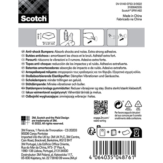 Scotch® Stoßabsorbierende Elastikpuffer für Wände SP91A62 (21 x 21 mm, transparent, 6/Packung) von 3M Deutschland GmbH: Verpackung mit mehrsprachigen Produktdetails, Anwendungssymbolen, Barcode und Recyclinghinweisen. Anti-Schock-Anleitung enthalten.