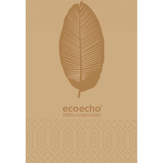 Ein stilisiertes braunes Blatt über "ecoecho 100% kompostierbar" auf hellbraunem, dezent gepunktetem Hintergrund hebt die Duni GmbH Zelltuchservietten 40x40 cm 3-lagig 1/8 Kopffalz Organic (Packung mit 250 Stück) hervor.