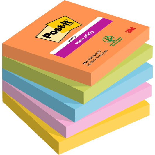 Ein Stapel von sechs 76x76 mm großen Post-it® Super Sticky Notes, 90 Blatt pro Block, in den Farben Orange, Grün, Blau, Gelb, Pink und Lila von 3M Deutschland GmbH; jeder Block ist zu 100 % PEFC-zertifiziert.