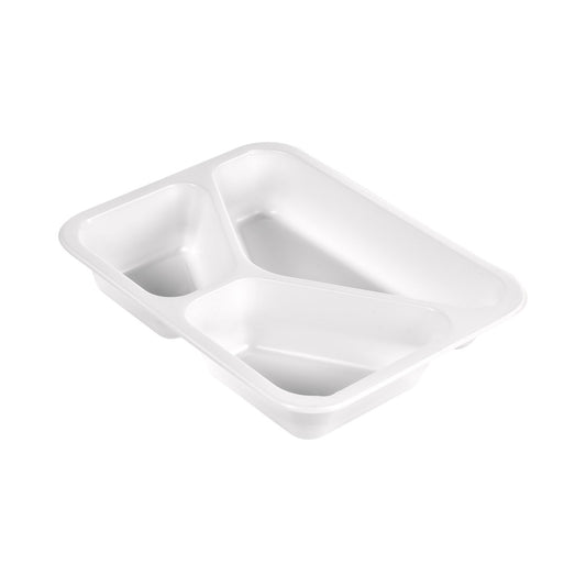 Die Duni GmbH PP-Schale Caterline 3 Transparent PP Food Tray (227x178x40 mm, Packung mit 216 Stück) ist mit drei Fächern ausgestattet, ideal für die Gastronomie oder das Catering, dargestellt auf einem schlichten weißen Hintergrund.