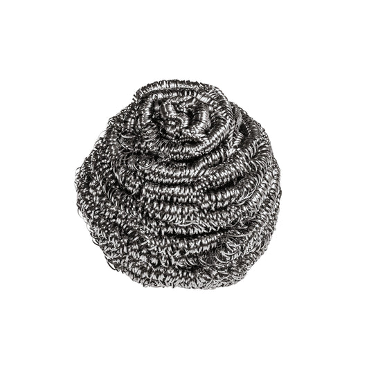 Eine Scotch-Brite® Edelstahl-Spirale von 3M Deutschland GmbH für die Reinigung von Töpfen und Pfannen ist vor weißem Hintergrund zu sehen. Die Packung enthält 3 Stück.