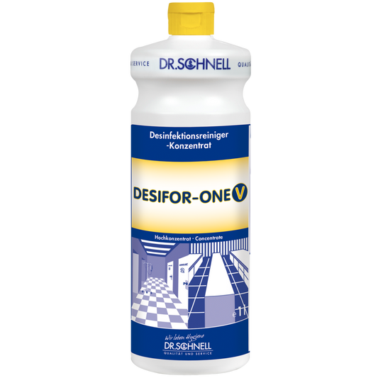 Eine weiße Kunststoffflasche Dr. Schnell DESIFOR-ONE V Flächendesinfektion der DR.SCHNELL GmbH & Co. KGaA, mit gelber Kappe und blau-weißem Etikett mit deutscher Aufschrift, ideal für die Flächendesinfektion in Hygienebereichen.