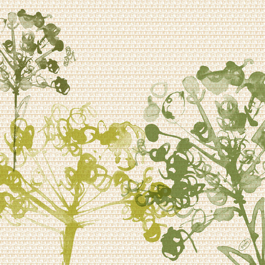 Grüne und gelbe botanische Silhouetten im Aquarellstil schmücken einen beigen geometrischen Hintergrund. Ein rundes Etikett kennzeichnet "umweltfreundliche Servietten". Produkt: Zellt.-Serv. 40x40 Klassik Green Umbles (50 Servietten), Duni GmbH.