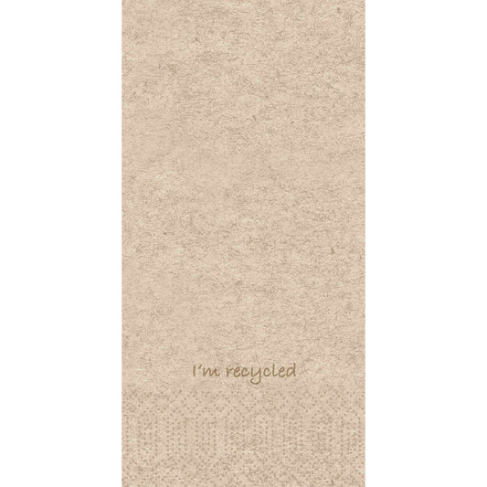 Eine 40 cm lange, 2-lagige Zellstoff-Serviette der Duni GmbH mit dezenter Textur und dem Aufdruck "I'm recycled" im unteren Bereich - ideal für den umweltfreundlichen Gebrauch oder als Teil der Recycled 300P Packung (300 Servietten), 1/8-Falz.