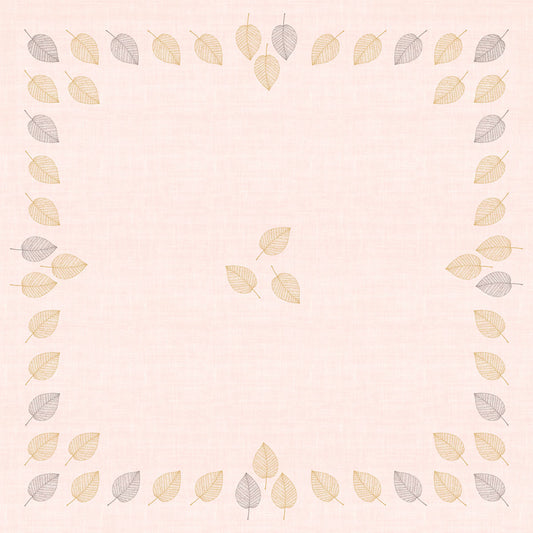 Eine quadratische Bordüre mit schlichten Blattmustern in Hellgold und Grau umrahmt einen blassrosa Hintergrund. Die Bio-Dunicel-Mitteldecke 84x84cm Aspen von Duni GmbH (20 Stück) ist stilvoll, umweltfreundlich und biologisch abbaubar.