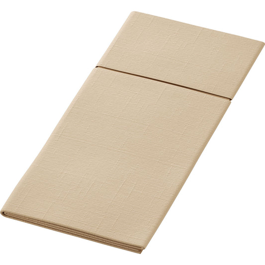 Eine naturbraune, strukturierte, rechteckige Bio-Duniletto-Slim 40x33 cm Tischdecke der Duni GmbH mit Mittelnaht, flach dargestellt - ideal zur Kombination mit biologisch abbaubaren Slim-Servietten. Die Packung enthält 65 Stück.