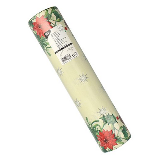 Eine Rolle des stoffähnlichen Tischläufers der PAPSTAR GmbH mit den Maßen 24 Meter mal 40 Zentimeter, verziert mit einem winterlichen Design aus roten Weihnachtssternen und grünen Blättern, trägt das FSC-Zertifizierungslabel und garantiert so die Einhaltung nachhaltiger Standards.