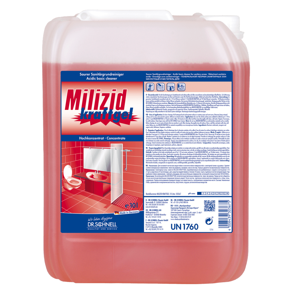 Un grand récipient en plastique transparent de Dr. Schnell Nettoyant sanitaire MILIZID Kraftgel (acide, pour nettoyage en profondeur) de la société DR.SCHNELL GmbH & Co. KGaA, contenant un liquide rouge et accompagné d'un mode d'emploi en allemand pour l'élimination des dépôts minéraux.