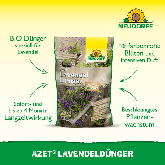 Azet LavendelDünger aus dem Neudorff Shop ist in der Mitte abgebildet. Der grüne Text hebt die Bioformel, die lang anhaltende Wirkung, den intensiven Duft, die leuchtend blau-violetten Blüten und den verbesserten Wuchs für trockenheitstolerante Sträucher hervor.