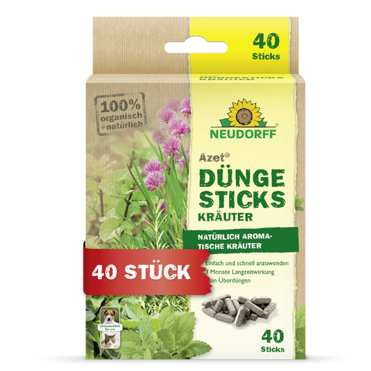 Eine Schachtel Neudorff Shop Azet Düngesticks für Kräuter enthält 40 Düngestäbchen für aromatische Kräuter. Die grün-beige Verpackung mit deutschem Text nährt die in Topferde angebauten Kräuter.