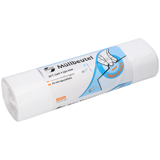 Eine Rolle DEISS 46917 weißer Müllbeutel (540x550x0,015 mm, 100 Stück) von EMIL DEISS KG (GmbH + Co.) in Kunststoffverpackung mit deutscher Info und einer Handabzieh-Illustration - ideal für die praktische Müllentsorgung.