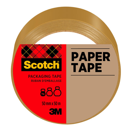 Eine Rolle Scotch® Verpackungsklebeband aus Papier, Braun (50 mm x 50 m) von 3M Deutschland GmbH, mit einem rot-braunen Etikett mit Produktinformationen und Piktogrammen, die eine Kapazität von 8 kg angeben. Die Packung enthält 1 Rolle.