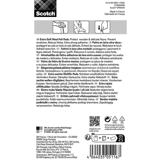 Abbildung des Etiketts Scotch® Extra weiche Filzpads SP84A24 (3M Deutschland GmbH): beige selbstklebende Wollfilzpads, 24 mm x 22 mm, 12 Stück. Das Etikett zeigt mehrsprachige Anweisungen, Merkmale, Barcode und Herstellerinformationen.