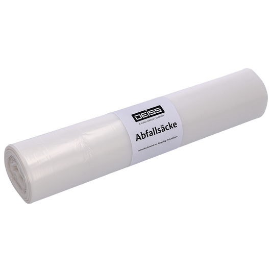 Abgebildet ist eine Rolle DEISS 59003 Müllbeutel (800x1000x0,02 mm, transparent, 50 Stück pro Rolle) der EMIL DEISS KG (GmbH + Co.) vor hellem Hintergrund - ideal für die hygienische Abfallentsorgung mit praktischen, transparenten Beuteln.