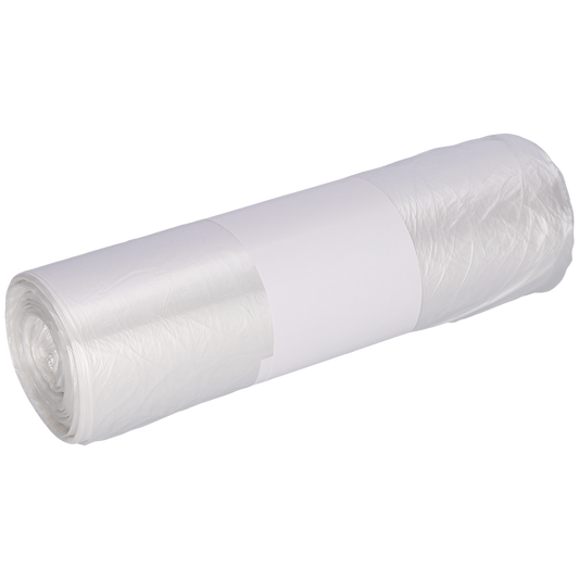 Eine Rolle EMIL DEISS KG (GmbH + Co.) DEISS 59927 transparente Kunststoffbeutel (630x740 mm, 50 Stück) ist mit einem weißen Papieretikett umwickelt und vor einem hellgrauen Hintergrund abgebildet.