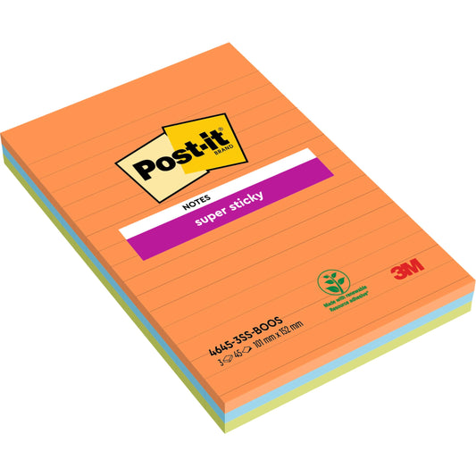 Eine Packung Post-it® Super Sticky Notes, Boost Collection, liniert, 101 x 152 mm, orangefarbenes Deckblatt, 3 Blöcke mit je 45 Blatt. Mit sichtbarem 3M-Branding und PEFC-Zertifizierung (SGSCH-PEFC-COC-110078) auf der Verpackung.