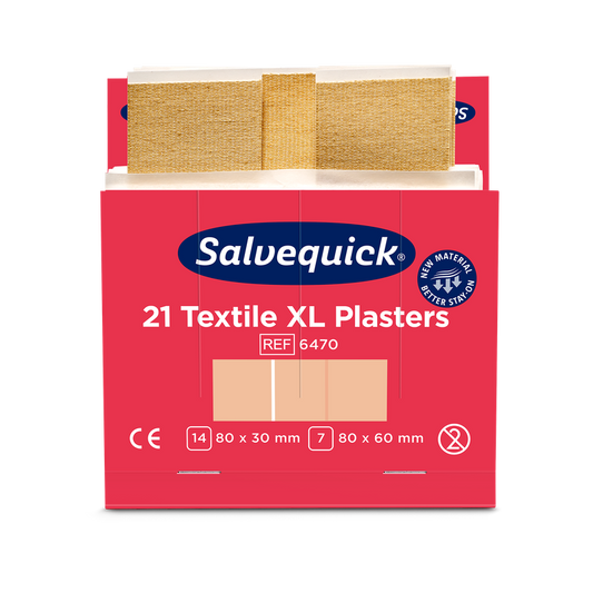 Eine rot-weiße Schachtel mit der Aufschrift "Orkla Wound Care AB Xl textilgips, 21 stück/mine | Packung (6 Stück)" mit zwei beigefarbenen Textilpflastern in den Größen 80 x 30 mm und 80 x 60 mm sowie Produkt- und Zertifizierungsangaben.