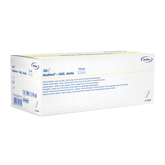 MaiMed - Abaisse-bouche stérile en bois HMS, 15 cm de long, 100x1 pcs. emballé stérilement | Boîte (100 pièces)
