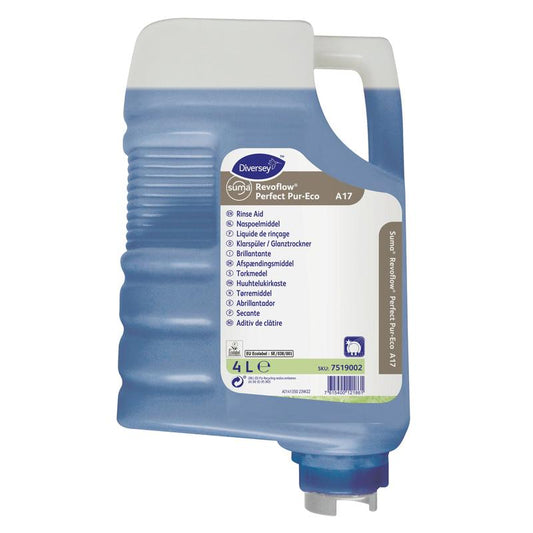 Eine 4-Liter-Kunststoffkartusche von Suma Revoflow Perfect Pur-Eco A17, einem neutralen umweltfreundlichen Klarspüler von Diversey Deutschland GmbH & Co. OHG, mit blauer Flüssigkeit und einem weiß-blauen Etikett mit mehrsprachiger Anleitung.