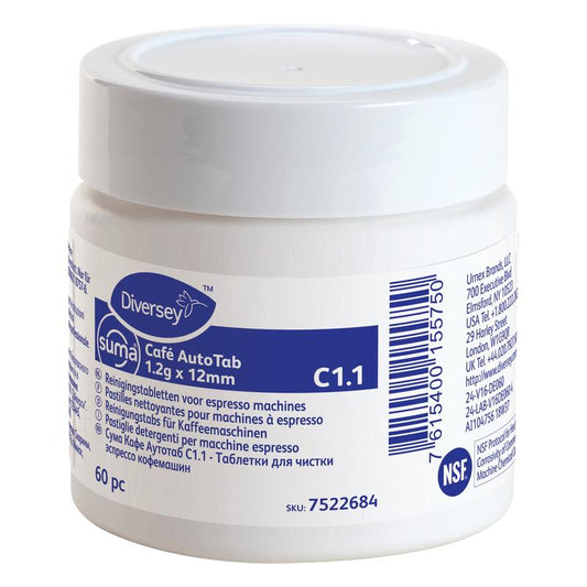 Ein weißer Kunststoffbehälter der Diversey Deutschland GmbH & Co. OHG, mit der Aufschrift "Suma Café AutoTab Reinigungstabs für Espressomaschinen 60 Stk.", entfernt Kaffeefette und -öle und verlängert die Lebensdauer der Maschine. Inklusive mehrsprachigem Etikett.
