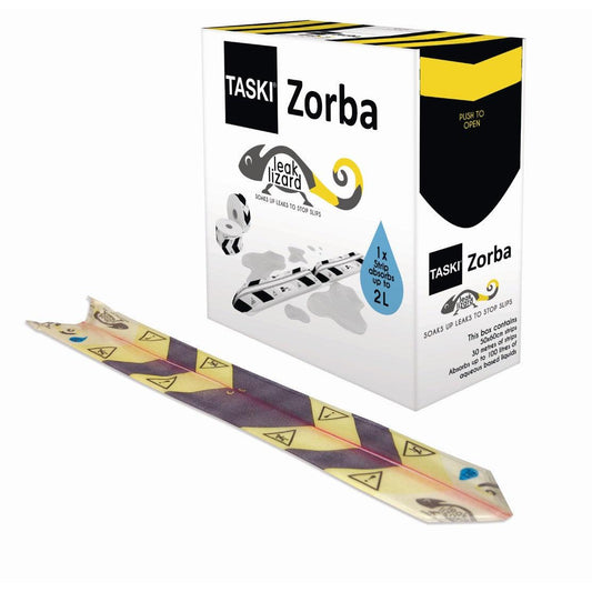 Hinter einem gelb-weißen hocheffektiven Absorptionsstreifen (1 Karton = 50 x 60 cm) verbirgt sich eine Schachtel TASKI Zorba Leak Lizard von Diversey Deutschland. Die Packung behauptet, sie absorbiert bis zu 2 Liter zum schnellen Beseitigen von Leckagen.