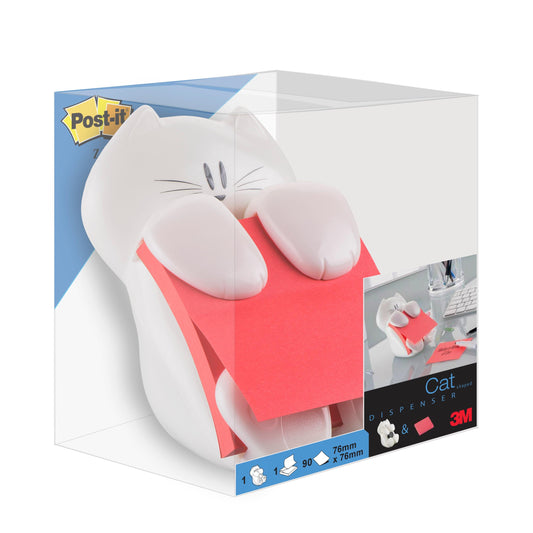 Der Post-it® Z-Notes Dispenser "Katze" in Weiß fasst pinke Super Sticky Z-Notes (76x76 mm, 90 Blatt) und wird in einer Klarsichtbox mit Produktabbildung und 3M Deutschland GmbH Branding verpackt.