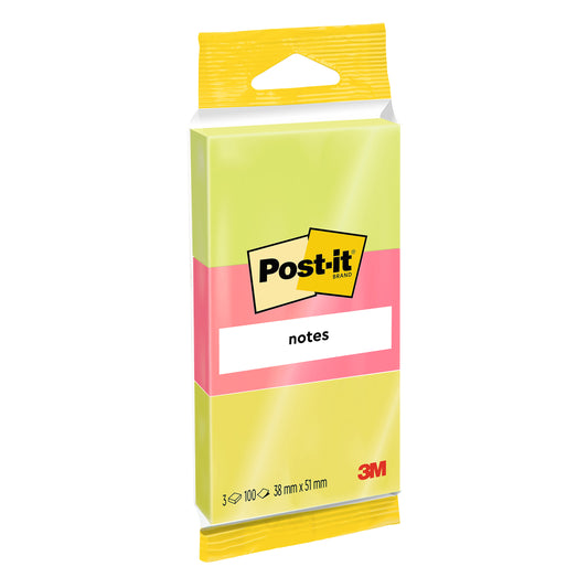 Eine Packung Post-it® Notes, Verschiedene Neonfarben, 38 mm x 51 mm, 100 Blatt/Block, 3 Blöcke/Packung, PEFC-zertifiziert (SGSCH-PEFC-COC-110078), von 3M Deutschland GmbH.