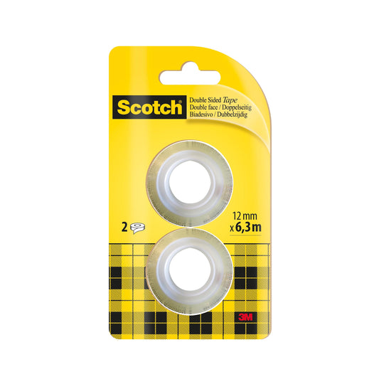 Eine Packung 3M Scotch® doppelseitiges Klebeband (Nachfüllpackung), 2 Rollen, je 12 mm x 6,3 m, von 3M Deutschland GmbH, in mehrsprachiger gelb-schwarz karierter Verpackung.