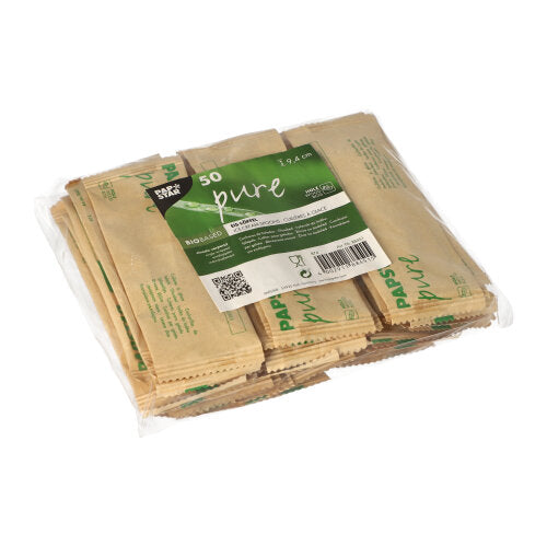 In einem transparenten Kunststoffbeutel der PAPSTAR GmbH befinden sich 50 Eislöffel „pure“ aus Holz (9,4 cm), hygienisch verpackt in einem braunen Papierbeutel. Das grün-weiße Etikett enthält Produktinformationen, einen QR-Code und weist auf das umweltfreundliche Design hin.