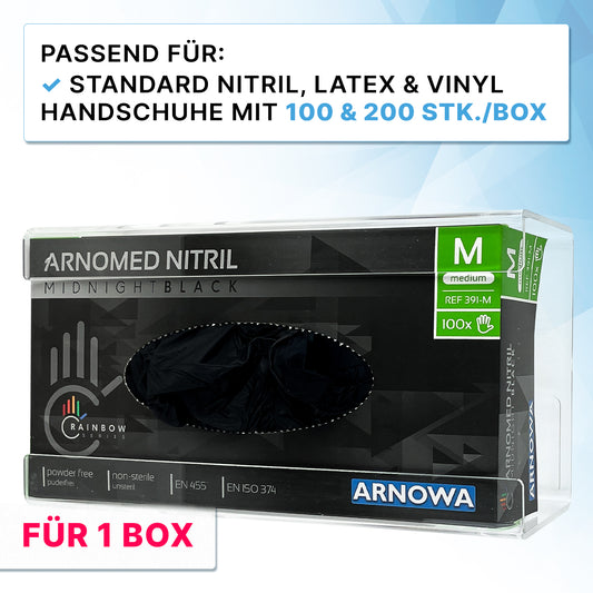 Der ARNOMED Handschuhspender von ARNOWA GmbH ist ein transparenter Acryl-Handschuhhalter zur 3-fach Befüllung - ideal für die ordentliche Aufbewahrung und schnelle Entnahme von Einmalhandschuhen.