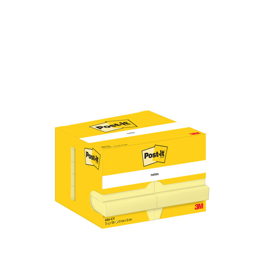 Eine Schachtel 3M Post-it® Notes, gelb, 51 x 76 mm, enthält 12 Blöcke à 100 Blatt. Die Packung trägt das Post-it Logo und besteht zu 100% aus PEFC-zertifiziertem Material (SGSCH-PEFC-COC-110078).
