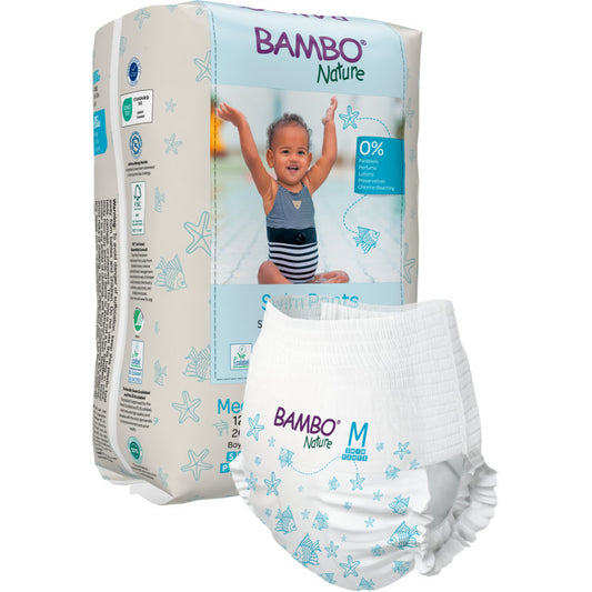Abgebildet ist eine Packung Bambo Nature Schwimmwindel, Gr. M, 12+ kg (Abena Re-Seller GmbH), die 12 Paare enthält, mit einer umweltfreundlichen Windel im Vordergrund. Die Packung zeigt ein lächelndes Kind in Badekleidung und blaue Seesterne.