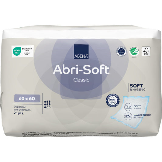 Die 25er-Packung der Abena Re-Seller GmbH Einweg-Unterlage, Abri-Soft Classic (60x60 cm, Blau) bietet eine weiche Oberfläche, hygienischen und wasserfesten Schutz sowie eine umweltfreundliche Zertifizierung.