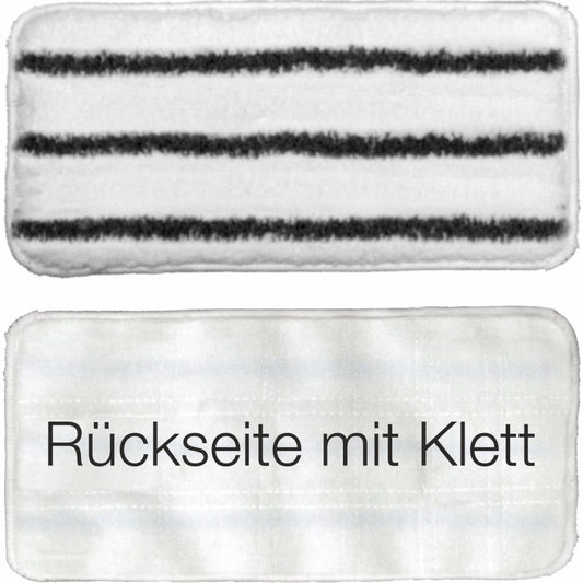 Abgebildet sind zwei rechteckige Reinigungspads: das obere Auslaufartikel Arcora Handpad hart 27x13 cm mit nanostrukturierter Oberfläche und drei schwarzen Streifen für den professionellen Einsatz, und das untere schlichte weiße Pad mit der Aufschrift "Rückseite mit Klett". Marke: Arcora International GmbH.