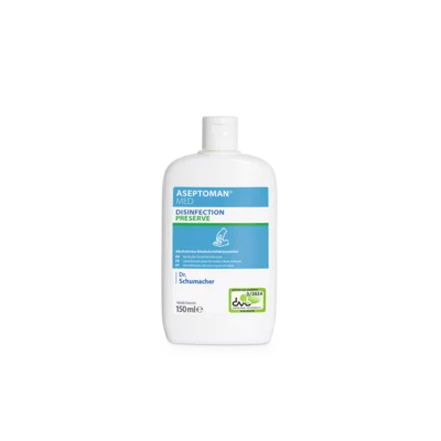 Abgebildet ist eine weiße 150-ml-Kunststoffflasche Dr. Schumacher Aseptoman® med Händedesinfektion der Dr. Schumacher GmbH mit blauem Etikett mit grünen Akzenten und weißem Flip-Top-Verschluss vor einem schlichten hellen Hintergrund.