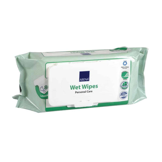 Abgebildet ist eine Packung Abena Feuchtpflegetücher mit Deckel 18x20cm (80 Stück) der Abena Re-Seller GmbH in den Farben grün und weiß, mit Flip-Top-Deckel und beschriftet für Körperpflege ohne Wasser.