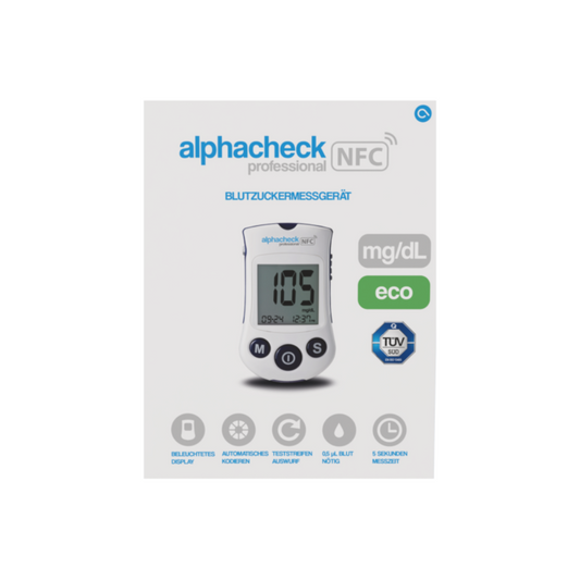 Bild der Vorderseite der Verpackung für „Alphacheck Professional NFC Blutzuckermessgerät eco | Packung (1 Stück)“ von Berger Med GmbH. Die Verpackung verfügt über eine digitale Anzeige mit einem Messwert von 105 mg/dL. Etiketten heben Funktionen wie Bluetooth-Anzeige, automatische Kodierung und Testspeicher für optimales Diabetesmanagement hervor.