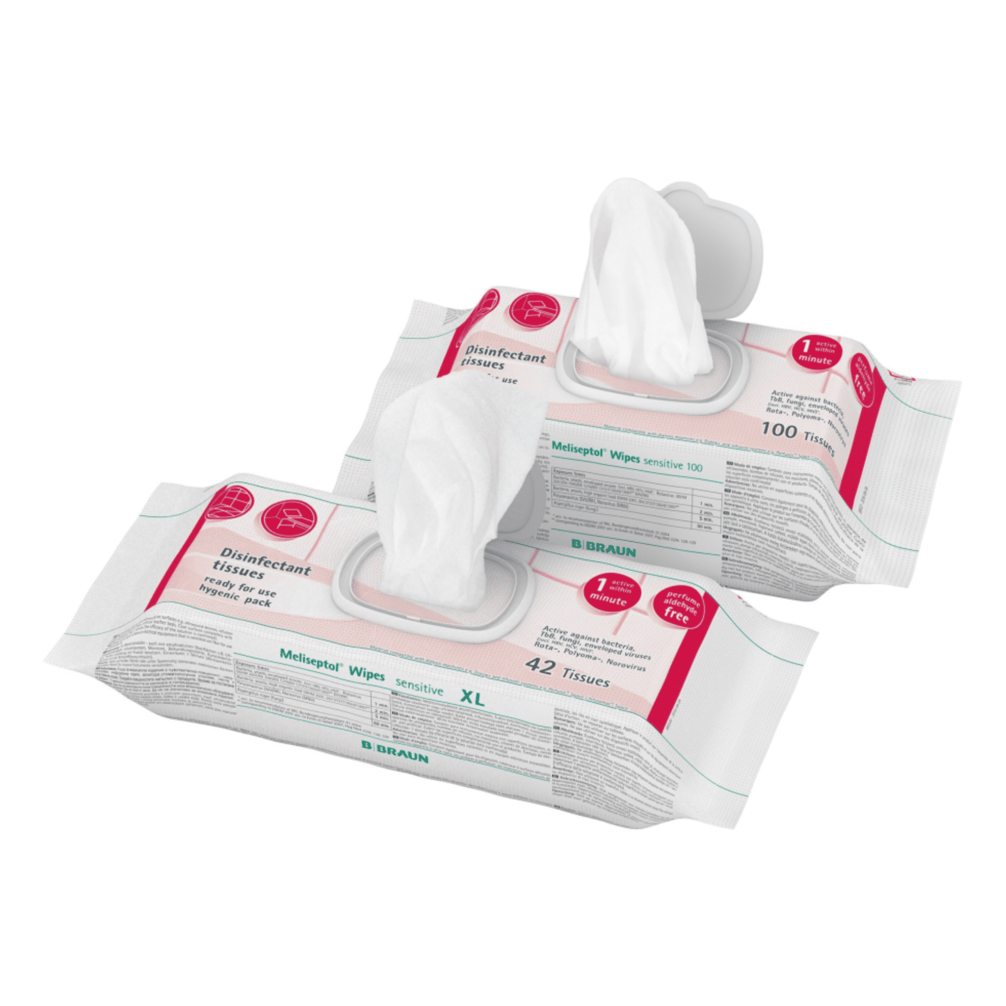 Deux paquets sont fournis B. Braun Lingettes désinfectantes Meliseptol® Wipes sensitive. Le premier paquet, proposé par B. Braun Deutschland GmbH & Co. KG : le premier paquet, portant la mention « Standard », contient 100 lingettes, tandis que le second, portant la mention « XL », en contient 42. Les deux paquets sont blancs et comportent des inscriptions et des logos. Parfaits pour une désinfection rapide, ils sont tous deux dotés d'une lingette partiellement sortie pour faciliter l'accès.