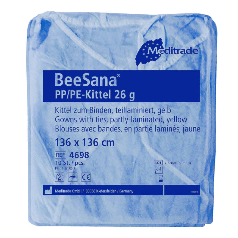 Une blouse Meditrade BeeSana® en PP/PE de 26 g, conditionnée dans un emballage bleu, vendue par lot de 10, sur laquelle figurent des informations sur le produit telles que la matière, la couleur, la taille et la quantité par emballage. Cette blouse est conçue comme un équipement de protection.