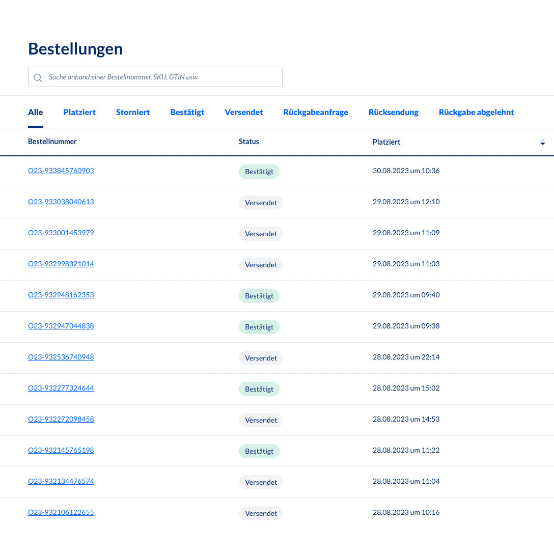Une capture d'écran du système de gestion des commandes en backend Altruan MetroSync: Metro Market vers le traitement des commandes Weclapp, affichant un tableau avec les numéros de commande et les mises à jour de statut. Chaque ligne contient le numéro de commande, le statut, le SKU, la date et l'heure de création. La plupart des statuts montrent