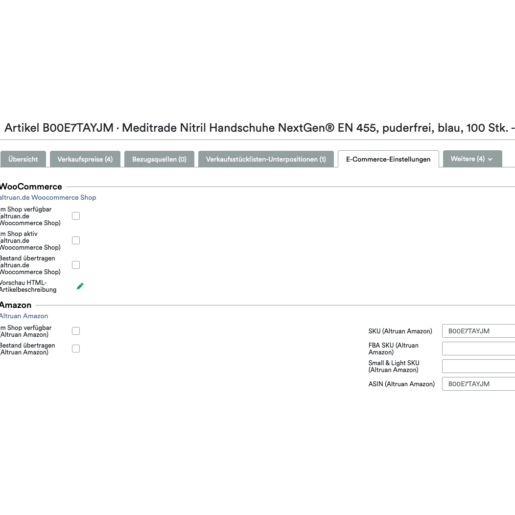 Capture d'écran d'une interface Altruan UnitTable Sync: Weclapp Verpackungseinheiten und Stücklistengenerator, affichant les détails de la liste des gants en nitrile Meditrade NextGen EN 455. Taille et quantité sont indiquées. Également visible sont les marchés-S.