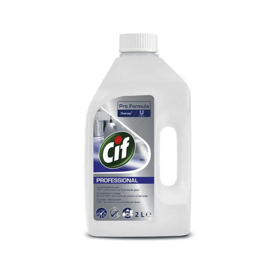 Eine 2-Liter-Flasche Cif Professional Küchen-Entkalker verfügt über ein blau-weißes Etikett mit dem Cif-Logo, Text und Symbolen, die auf die professionelle Reinigungsformel hinweisen. Dieses Produkt von Diversey Deutschland GmbH & Co. OHG ist perfekt für die Kalkentfernung in der Küche geeignet und verfügt über einen seitlichen Griff für eine einfache Handhabung.